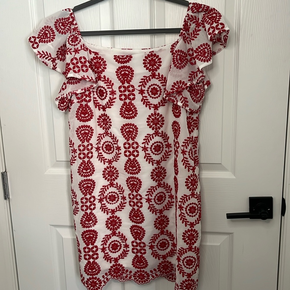 RED AND WHITE OFF SHOULDER EMBROIDERED SHORT DRESS
